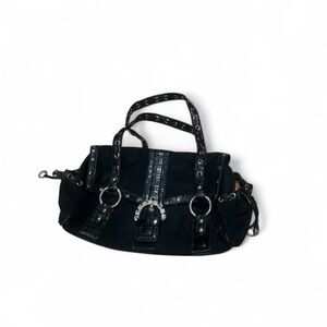 Kathy Van Zeeland Black Studded Croc Embossed Shoulder Bag Gold Hardware